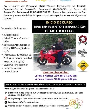 CFP de San Jacinto ofrece curso de mantenimiento y reparación de motocicletas
